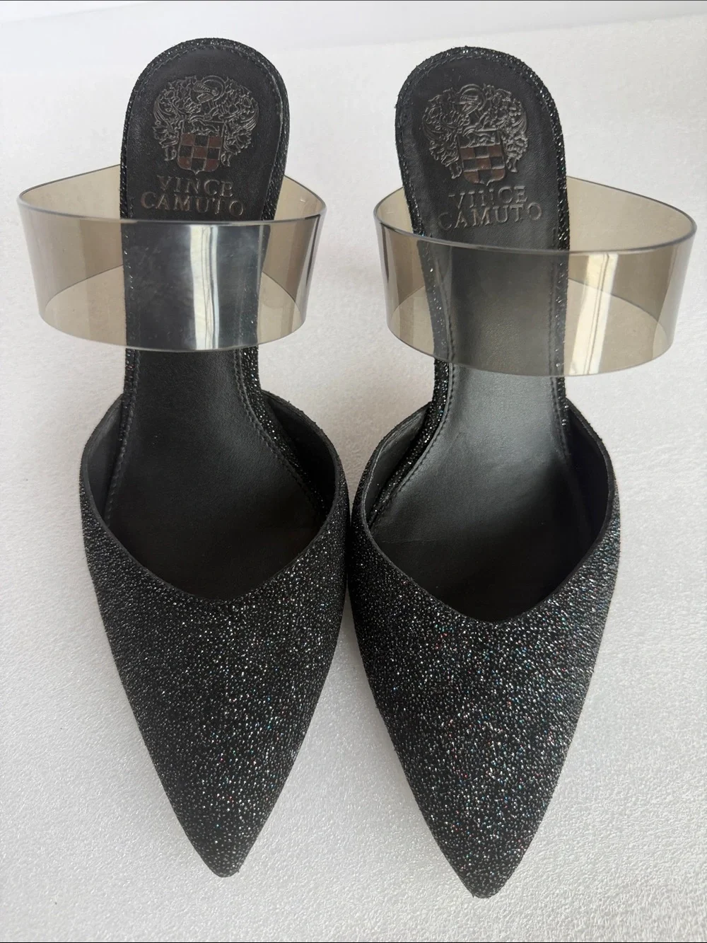VINCE CAMUTO Kempern Black Glitter Pointed Toe Pumps Mule Heels Size 8